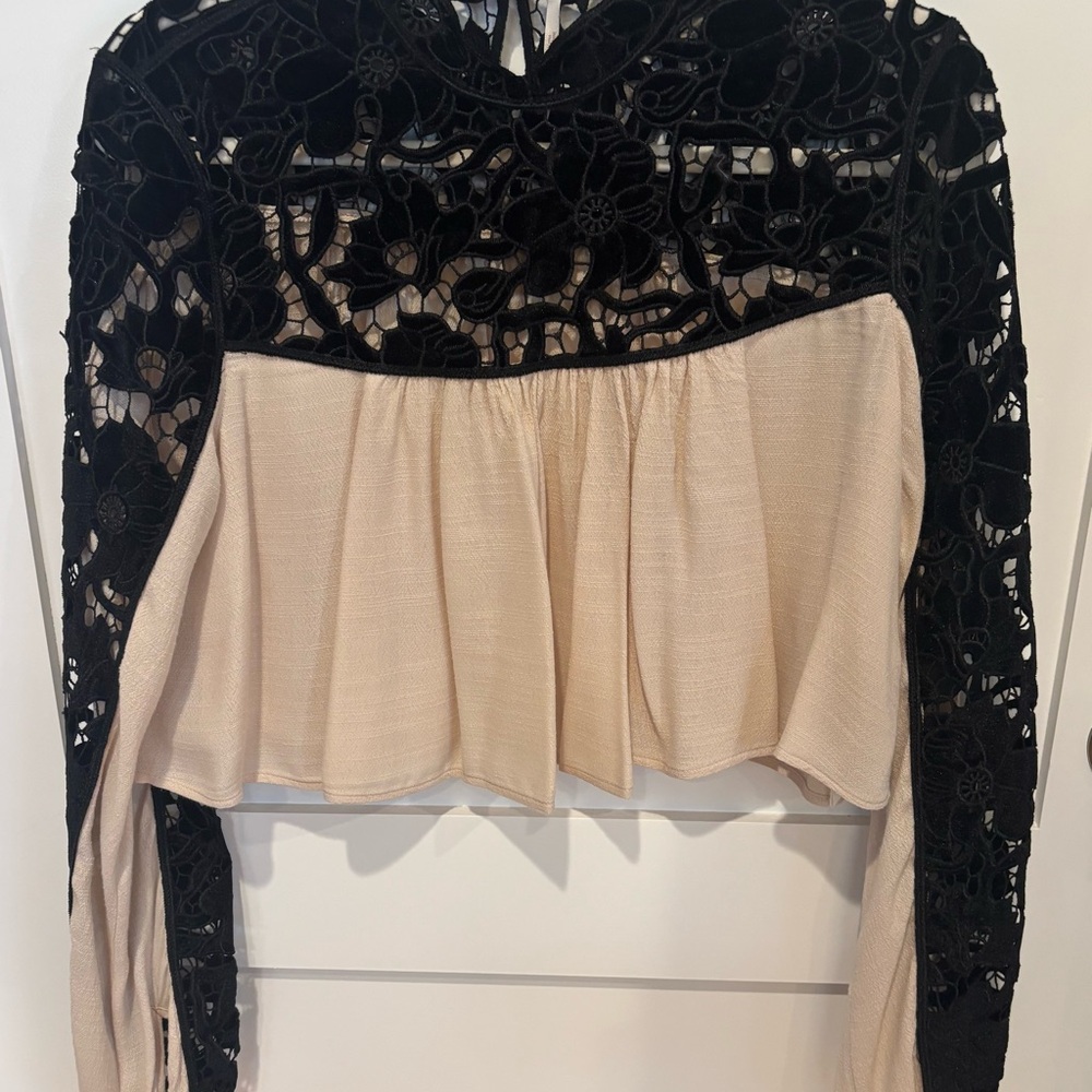 Free People Black Lace and Cream Peplum Blouse
